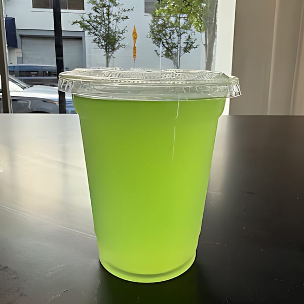 A vibrant green drink in a clear plastic cup with a lid sits on a dark table.